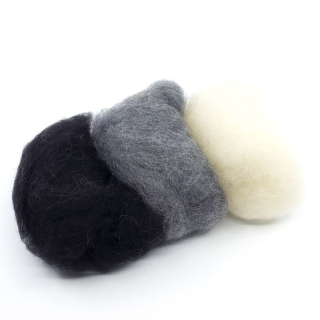 Vlna na plstenie mykaná - sada 3 farieb, mix biela/čierna - 20 g