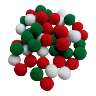 Pompom 2 cm, 50 ks - mix biela, zelená, červená