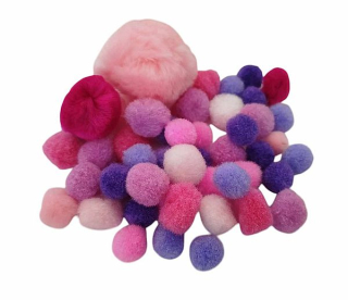 Pompom mix 1-5 cm, 50 ks - ružovo-fialová